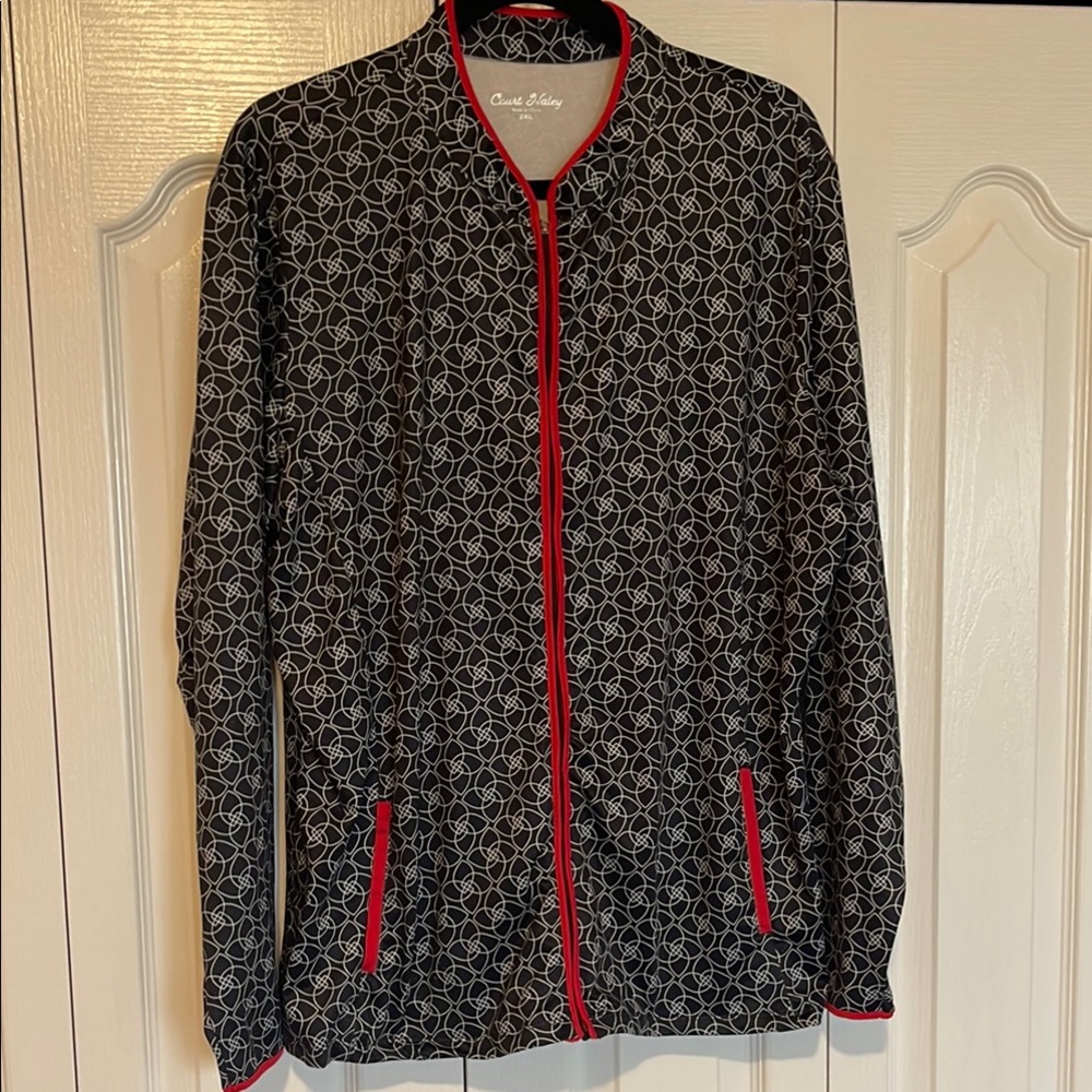 Court Haley golf. Black Patterned Jacket with Red Trim